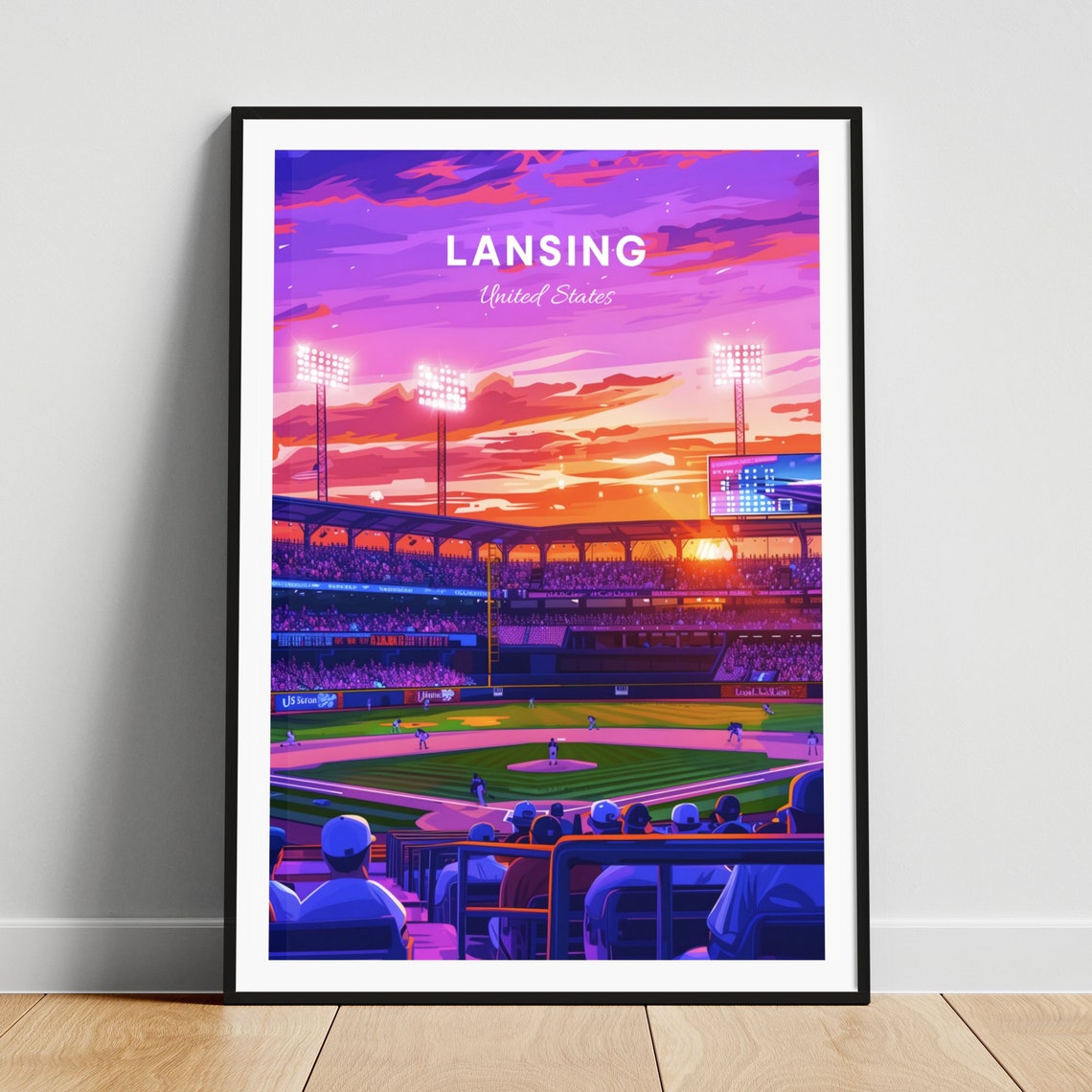 Lansing Baseball Stadium Sunset Floodlights Crowd Game Travel Poster