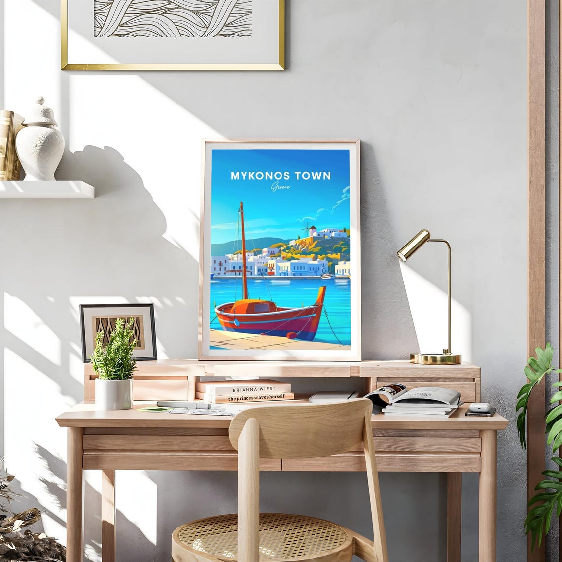 Mykonos Town Greece Red Sailboat Harbor Windmill View Travel Poster - Image 4