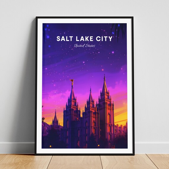 Salt Lake City Temple Starry Night Sky Vintage Travel Poster