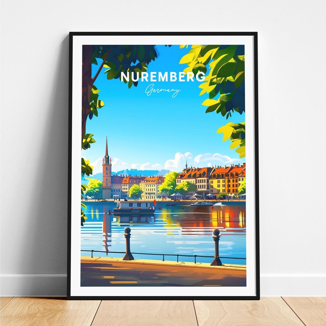 Nuremberg Germany Riverside Boats Church Spire Day View Art Poster