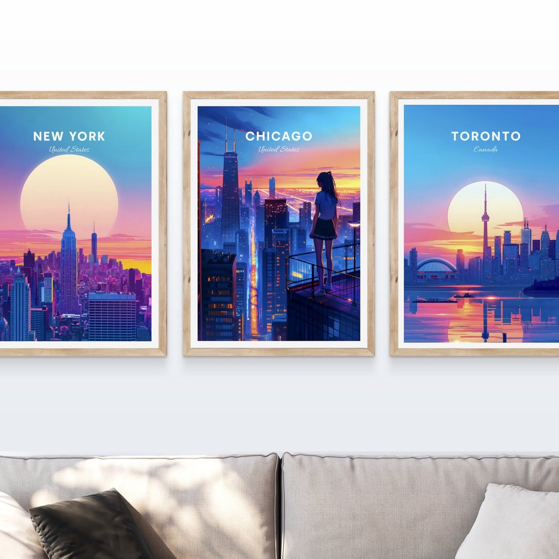 Chicago Illinois Rooftop View Sunset Skyline Anime Style Travel Poster - Image 4