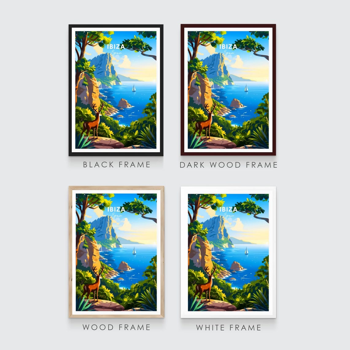 Ibiza Deer Cliff Overlook Sailboat Blue Sea Coastline Travel Poster - Image 3