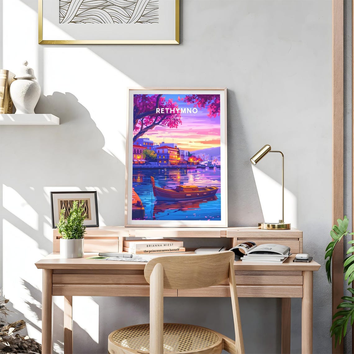 Rethymno Greece Harbor Dusk Boats Blossom Tree Evening Poster - Image 4