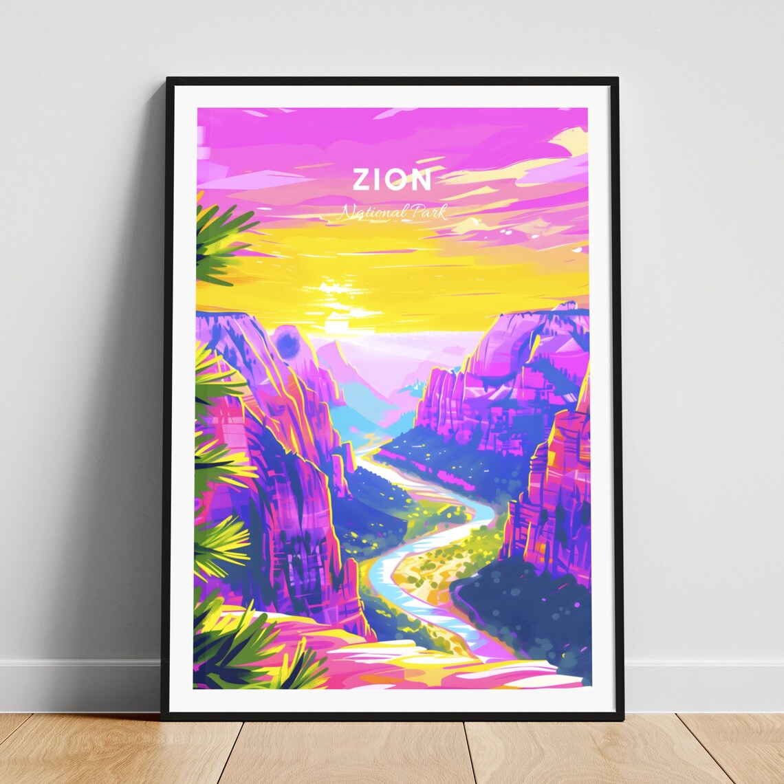 Zion National Park River Canyon Pink Sunset Vista Travel Poster