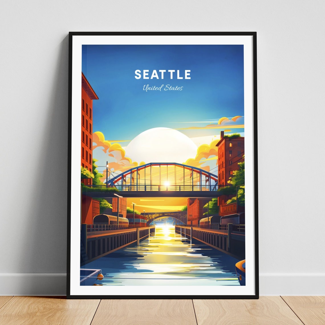 Seattle Sunset Canal Bridge Brick Waterfront Golden Hour Poster
