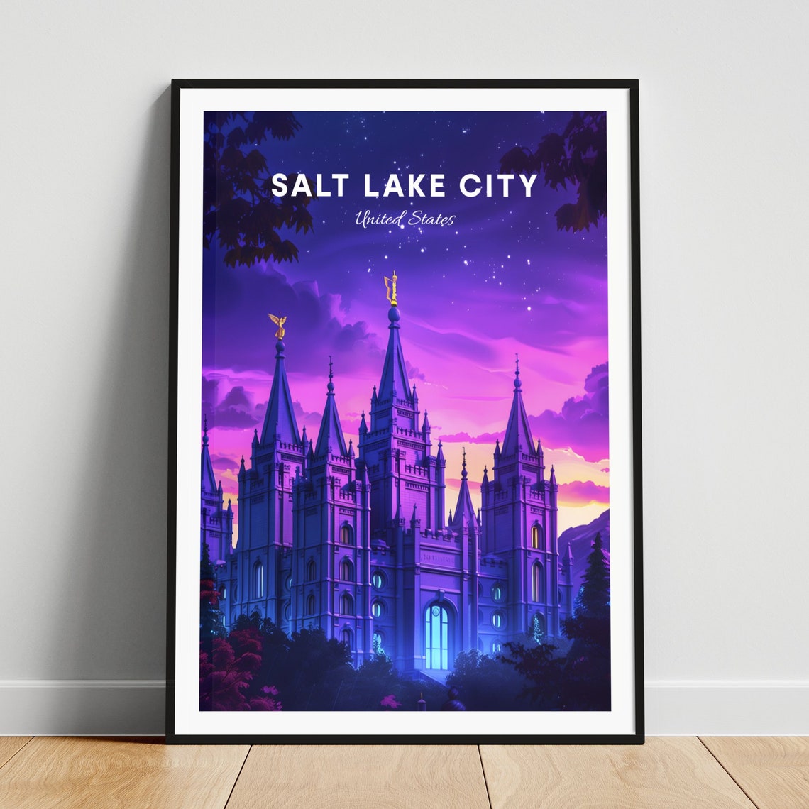 Salt Lake City Utah Temple Spires at Dusk Under Stars Travel Poster
