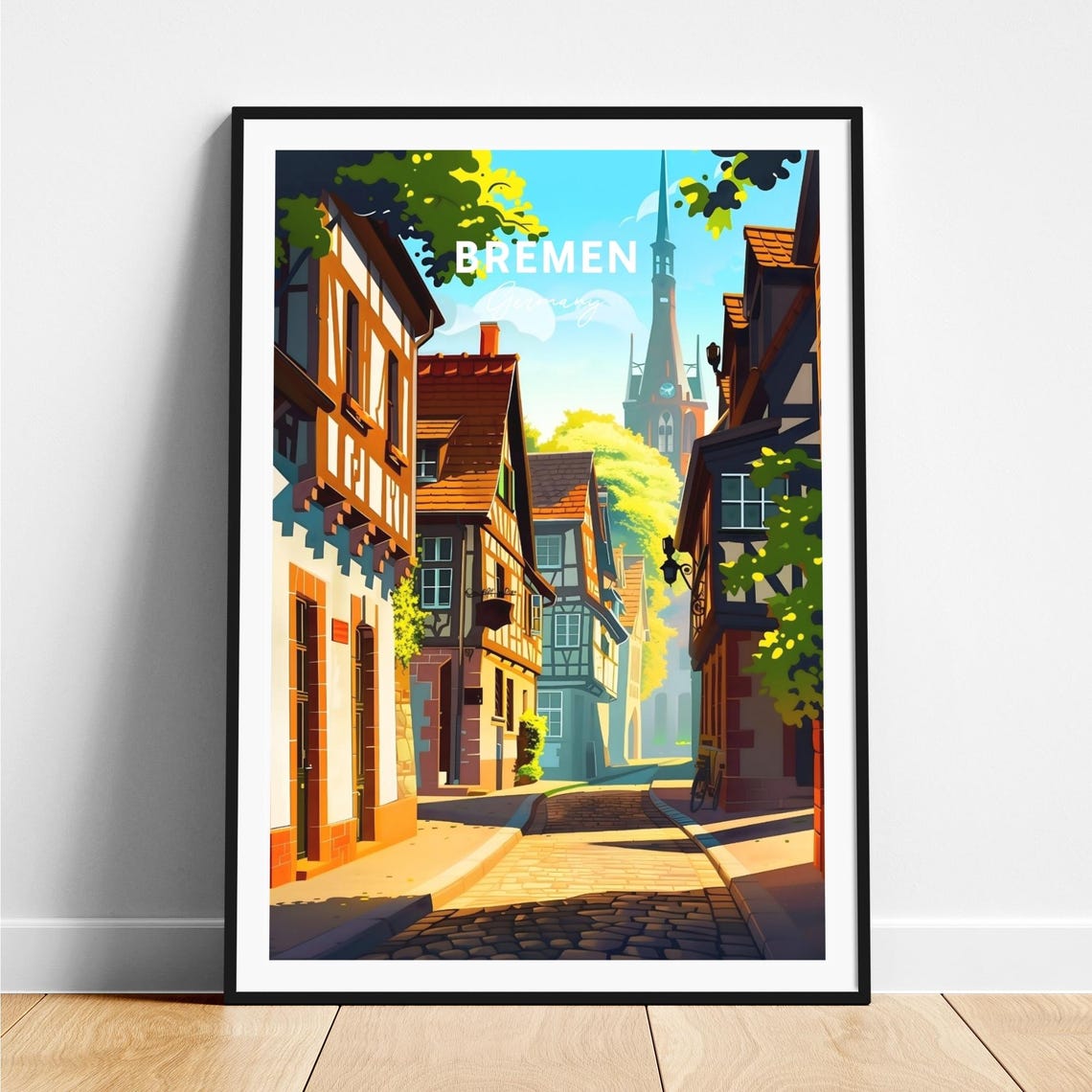 Bremen Old Town Cobblestone Street Half Timbered Germany Travel Poster