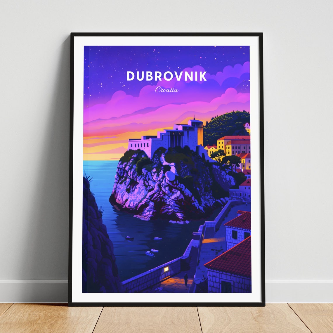 Dubrovnik Croatia Starry Night Fortress Purple Sunset Poster