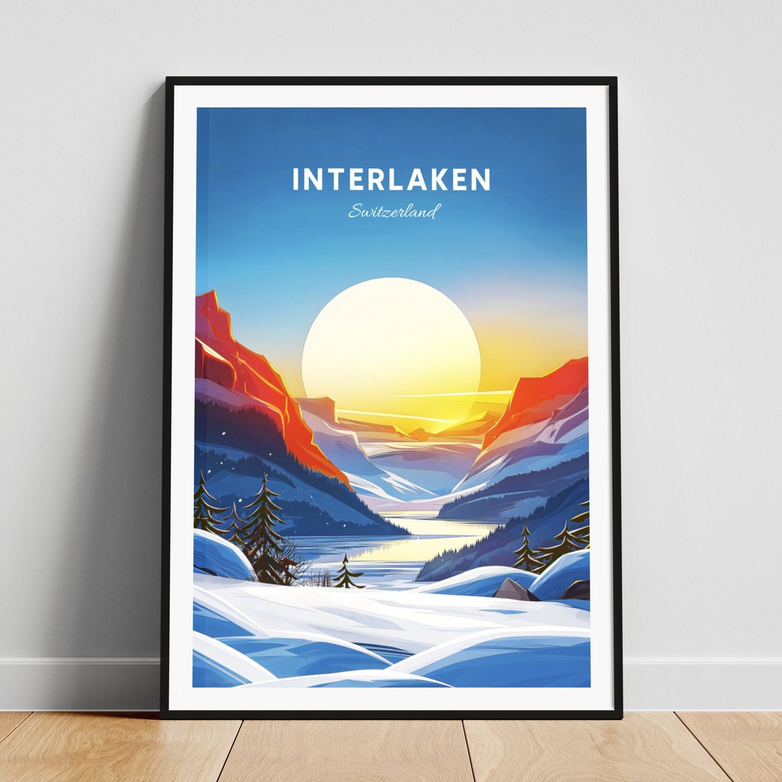 Interlaken Switzerland Winter Sunset Snowy Alpine Mountain Lake Poster
