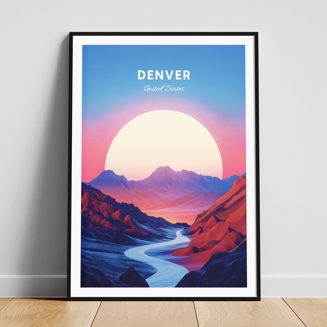 Denver Colorado Mountain River Valley Sunset Landscape Travel Poster