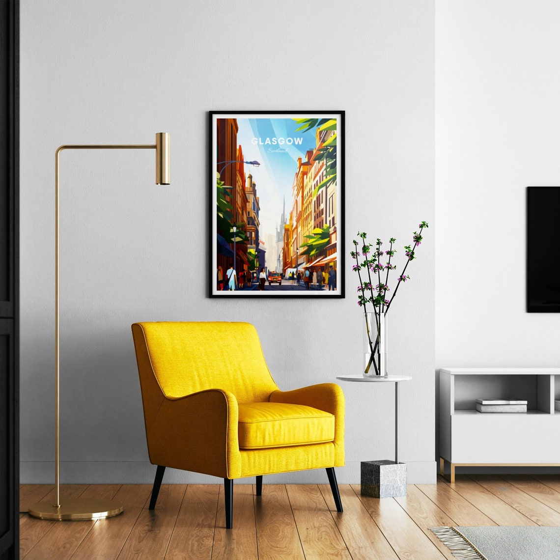 Glasgow Scotland Bustling City Street Sunshine Rays Travel Poster - Image 3