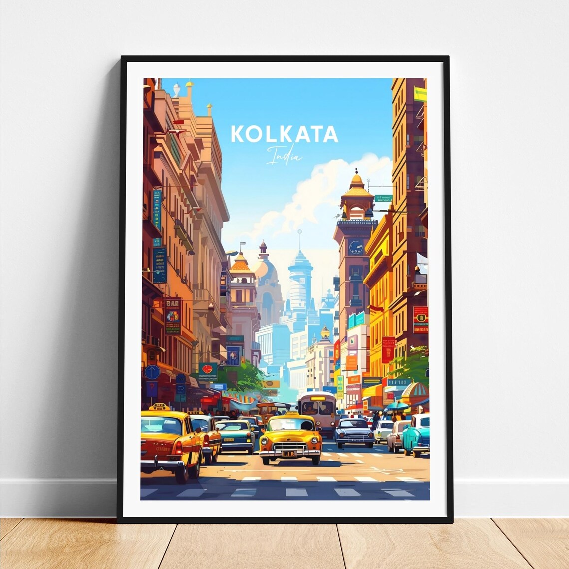 Kolkata India Downtown Street with Yellow Taxis Travel Poster