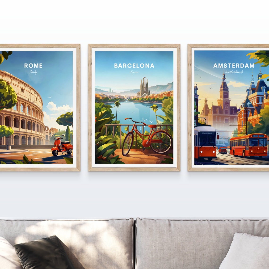 Barcelona Spain Red Bicycle Overlook Harbor Gaudi Spires View Poster - Image 3