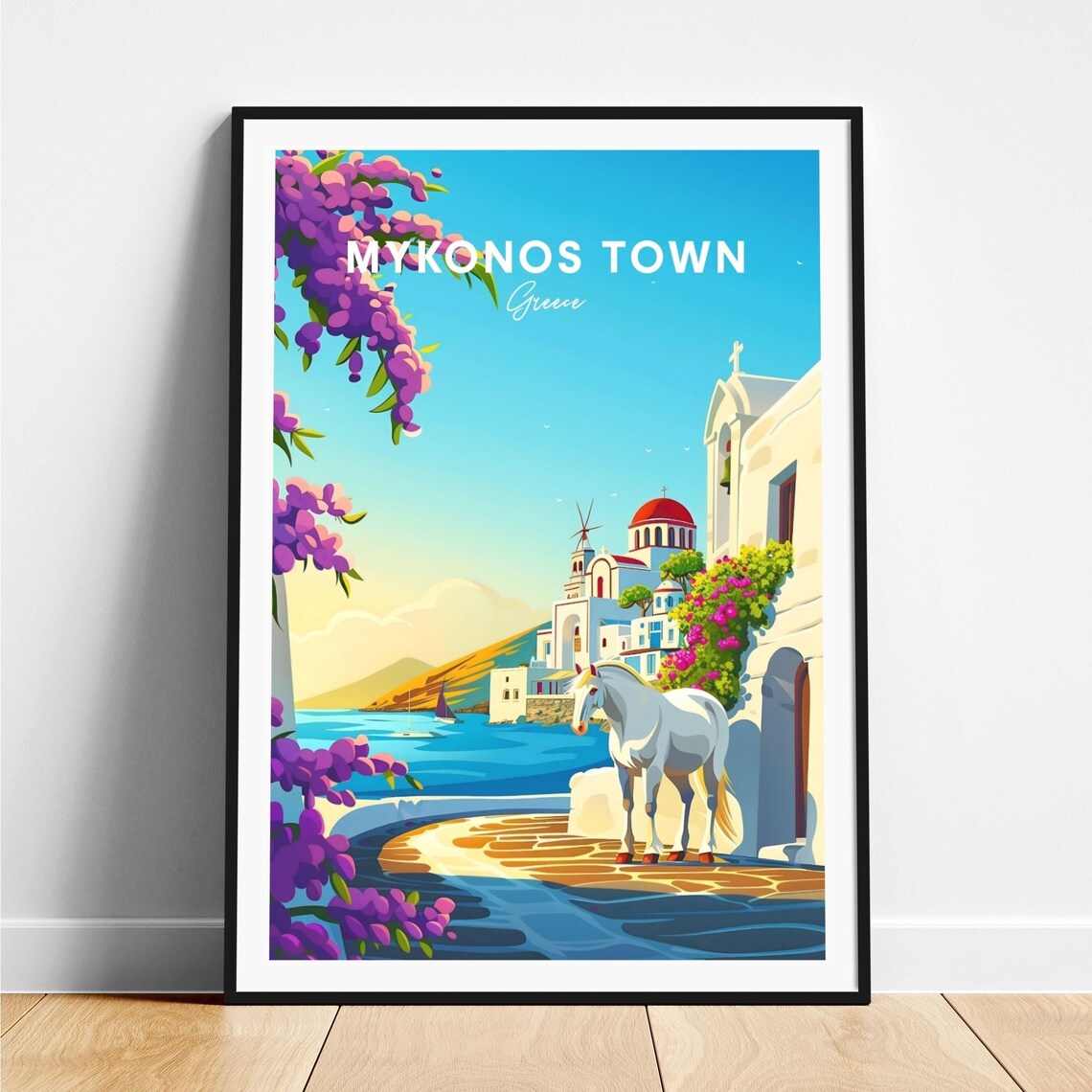 Mykonos Town Greece White Horse Church Square Blossom Travel Poster