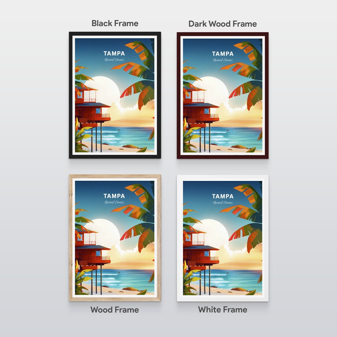Tampa Florida Lifeguard Tower Beach Sunset Palm Trees Travel Poster - Image 2