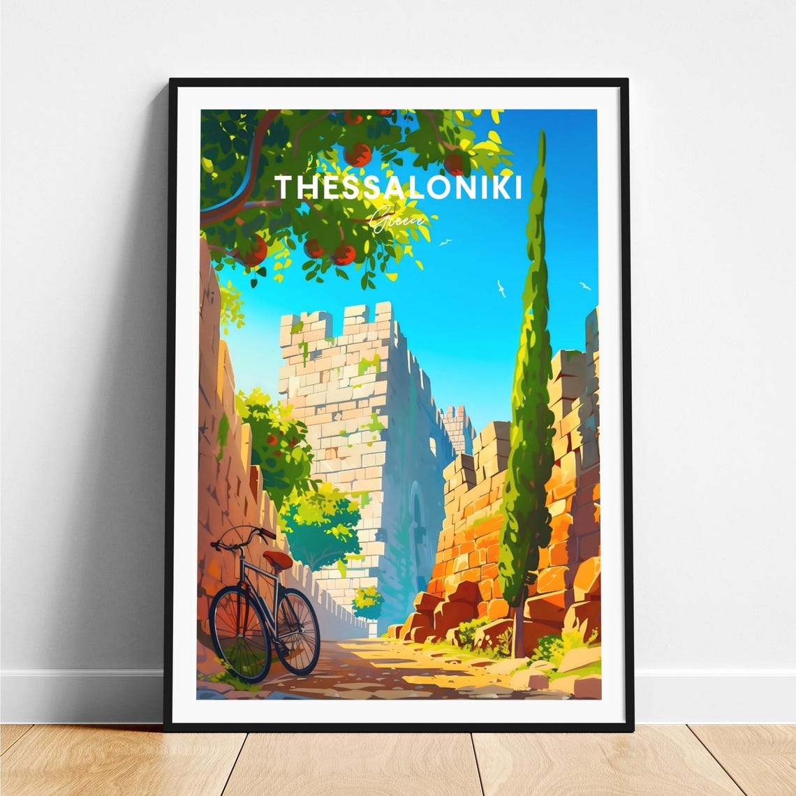 Thessaloniki Greece Old Walls Bicycle Cypress Sunlit Travel Poster