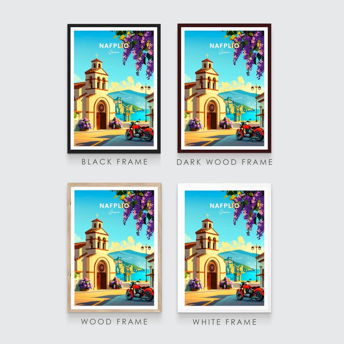 Nafplio Greece Church Bell Tower Red Motorcycle Travel Poster - Image 3