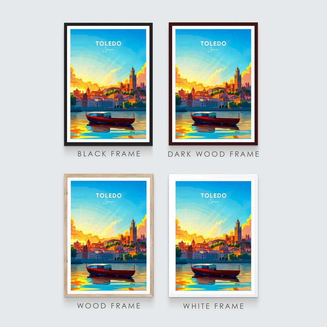 Toledo Old Town Sunset River Red Boat Historic Skyline Travel Poster - Image 3