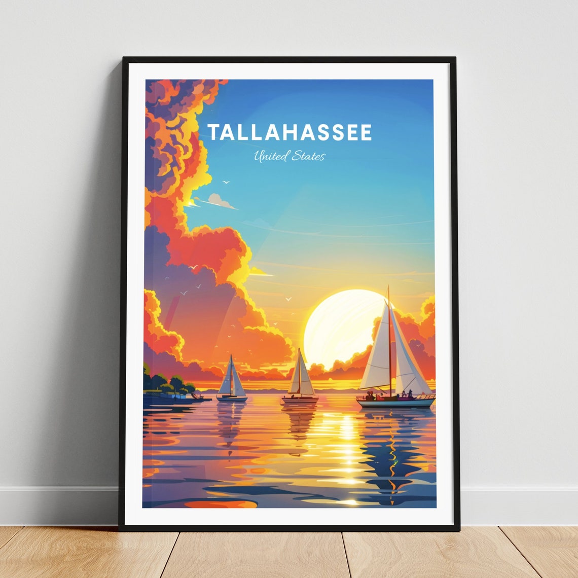 Tallahassee Florida Sailboats At Sunset Watercolor Travel Poster