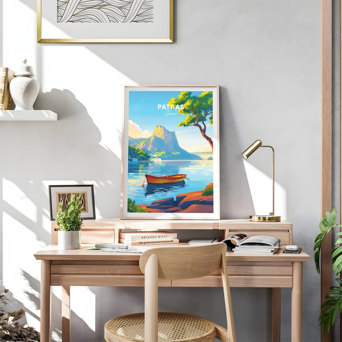 Patras Greece Rowboat on Calm Water with Mountain Peak View Poster - Image 4