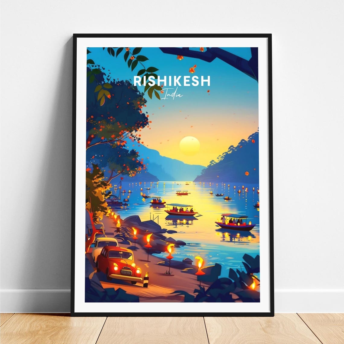 Rishikesh India Sunset River with Floating Lamps and Boats Poster