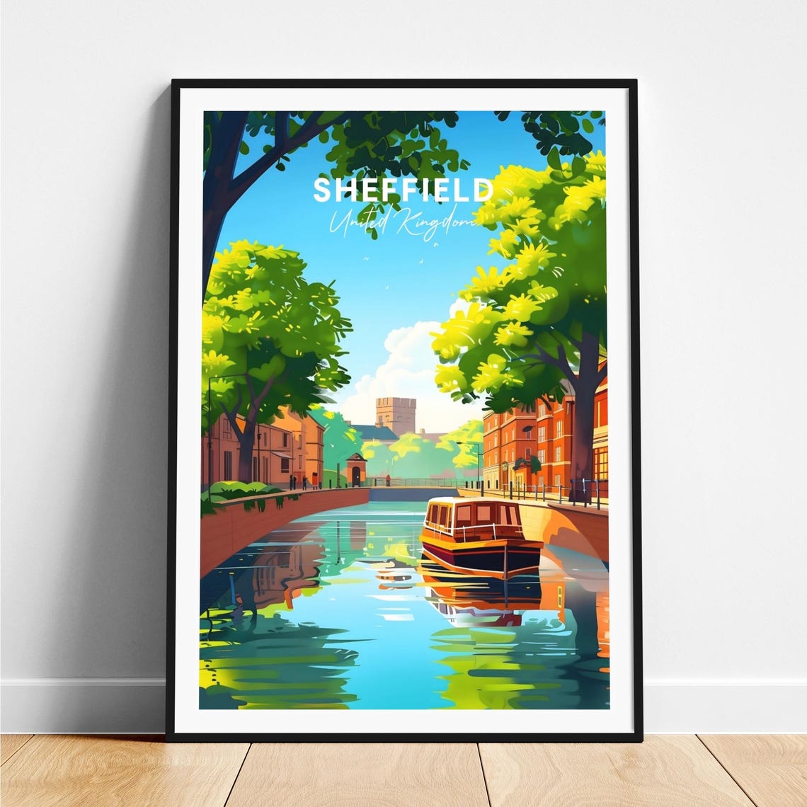 Sheffield Sunny Canal Boat Green Trees England Travel Poster