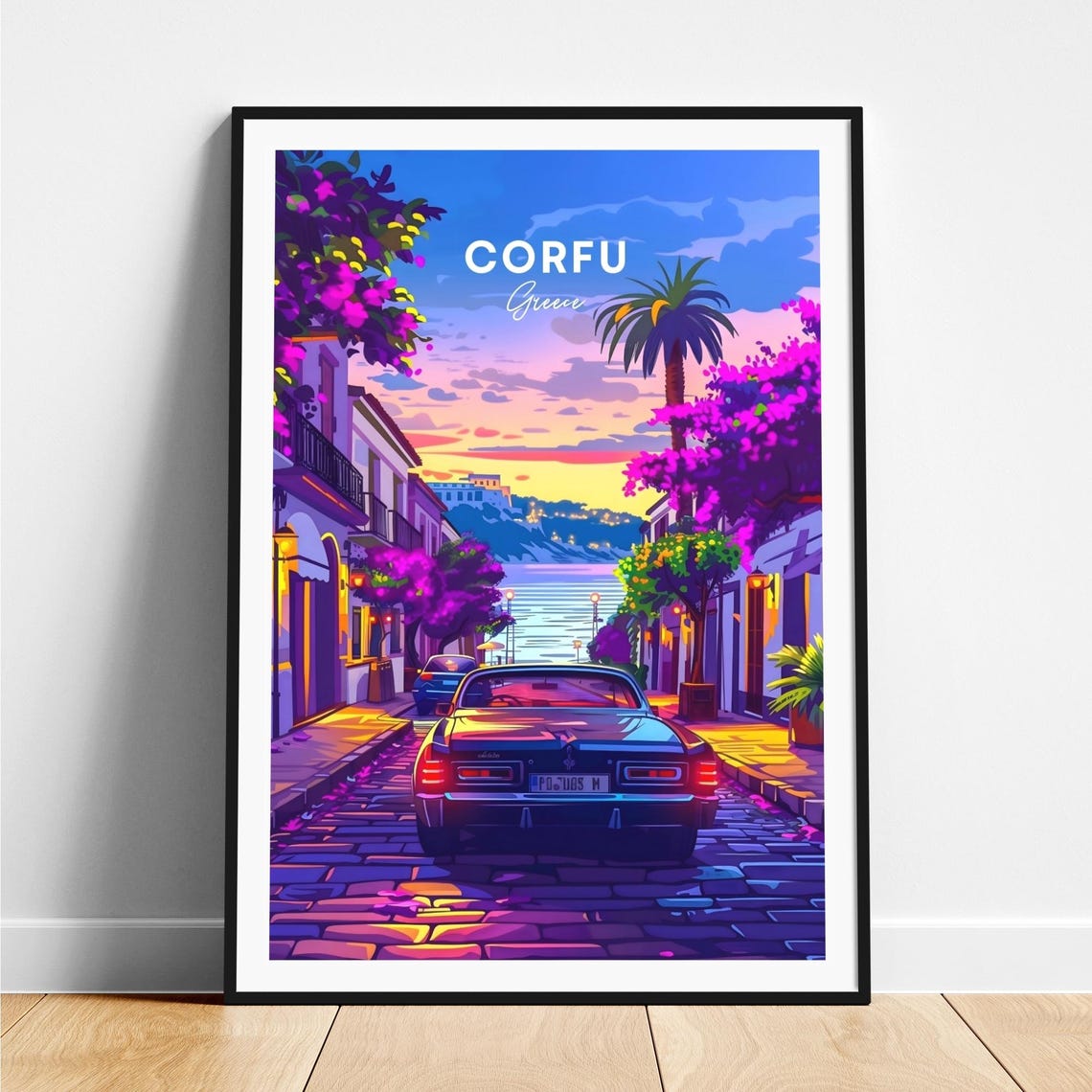 Corfu Greece Cobblestone Street with Vintage Car at Sunset Poster