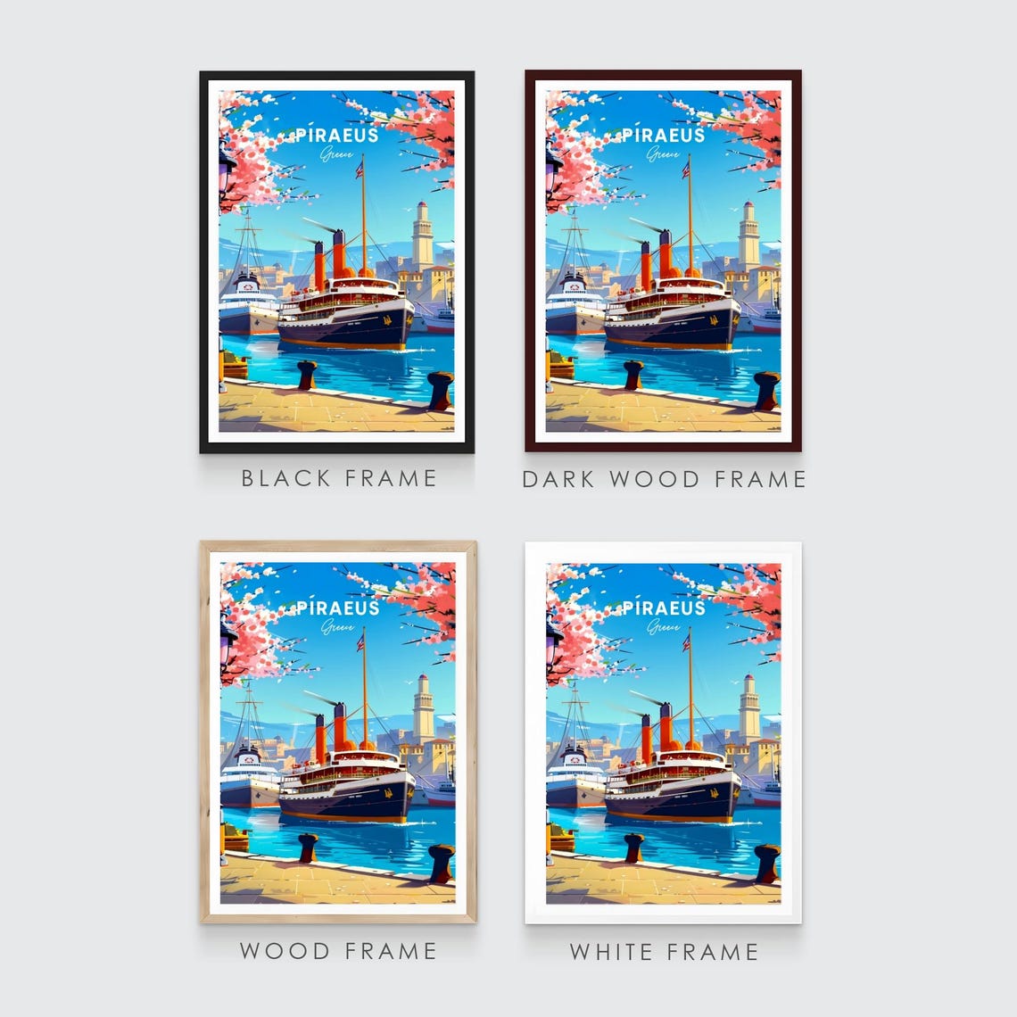 Piraeus Greece Vintage Ocean Liner Harbor Blossom Scene Travel Poster - Image 3