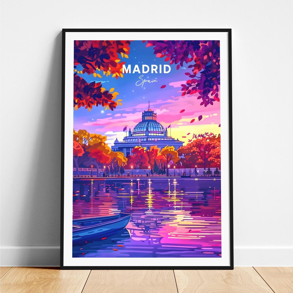 Madrid Dusk Glass Dome Lake Autumn Trees Purple Sky Travel Poster