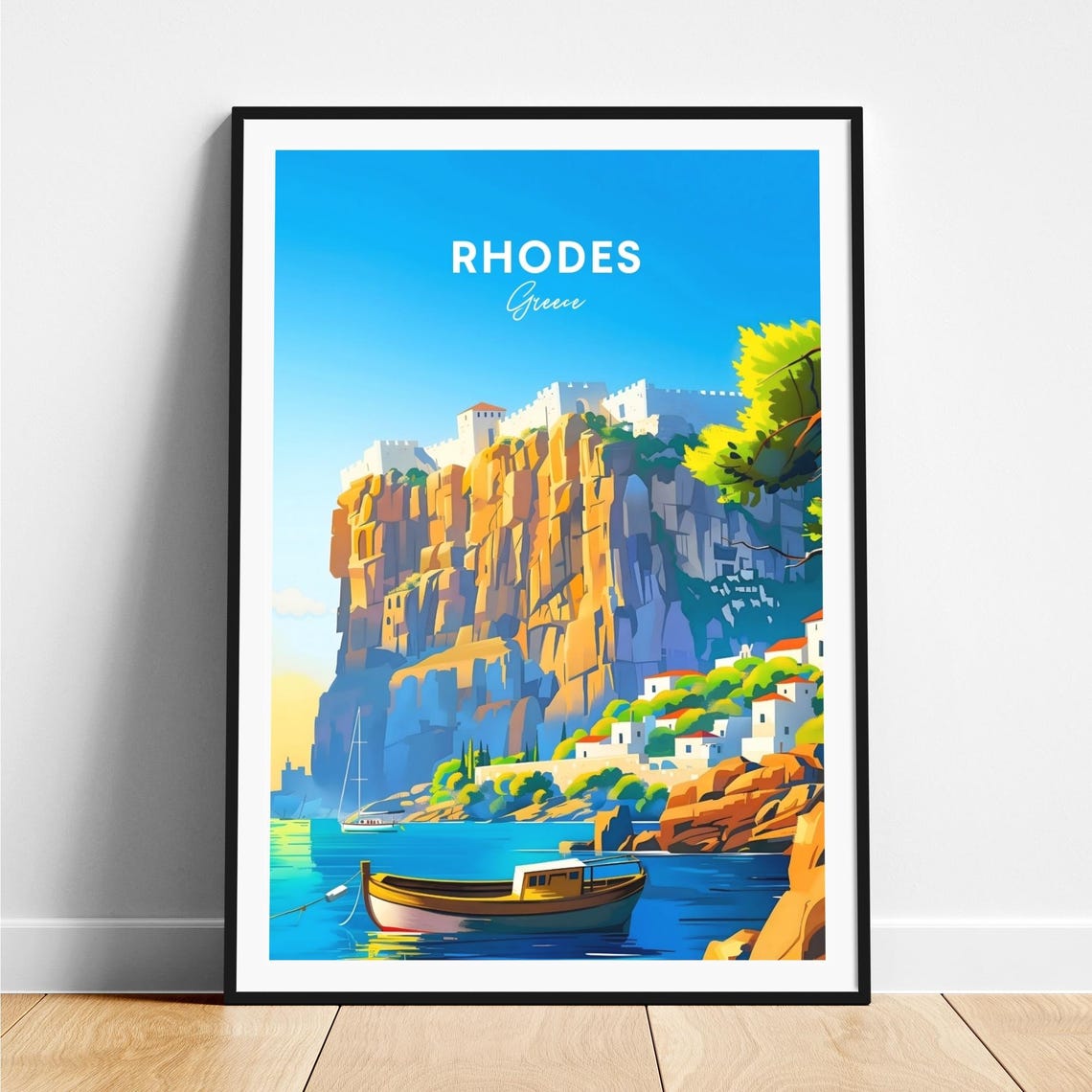Rhodes Greece Cliff Fortress Fishing Boat Cove Harbor Travel Poster