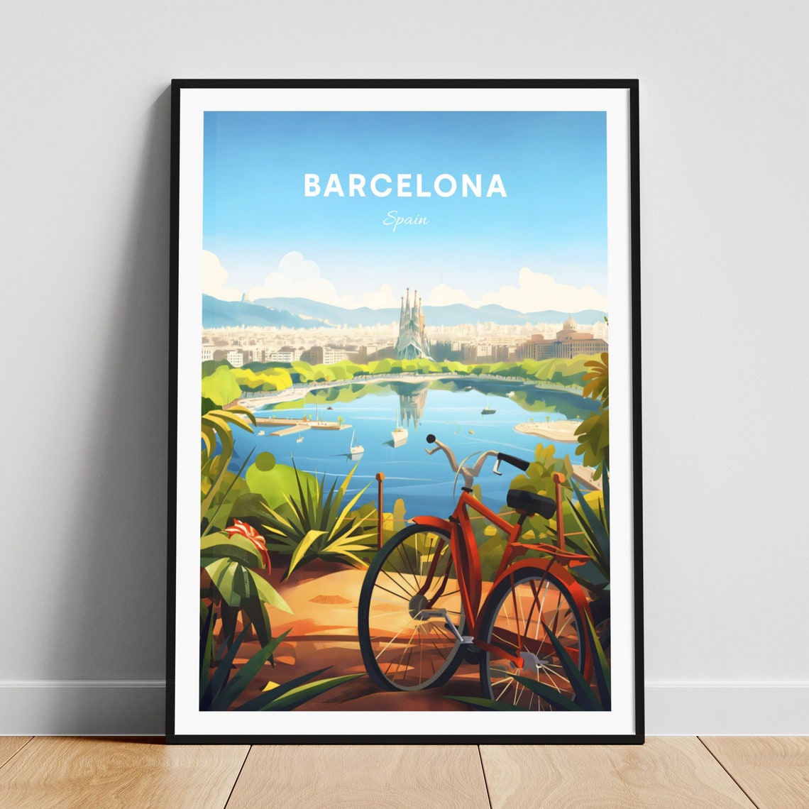 Barcelona Spain Harbor View Red Bicycle Tropical Illustration Poster