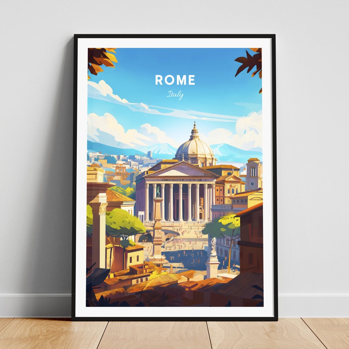 Rome Italy Pantheon Dome Rooftop Panorama View Travel Poster