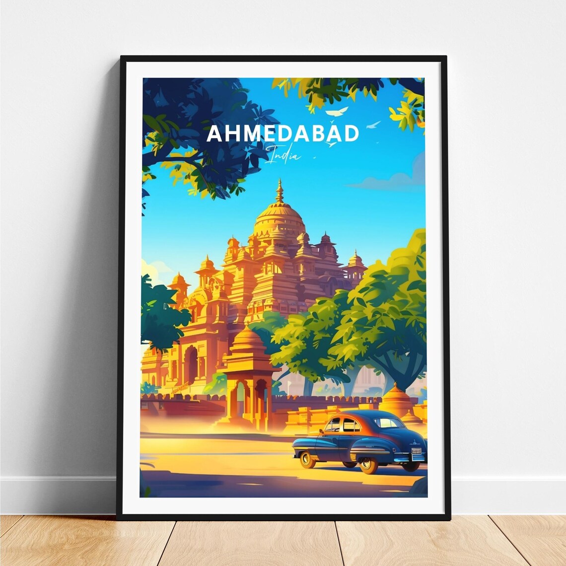 Ahmedabad India Golden Temple Classic Car Vintage Travel Poster