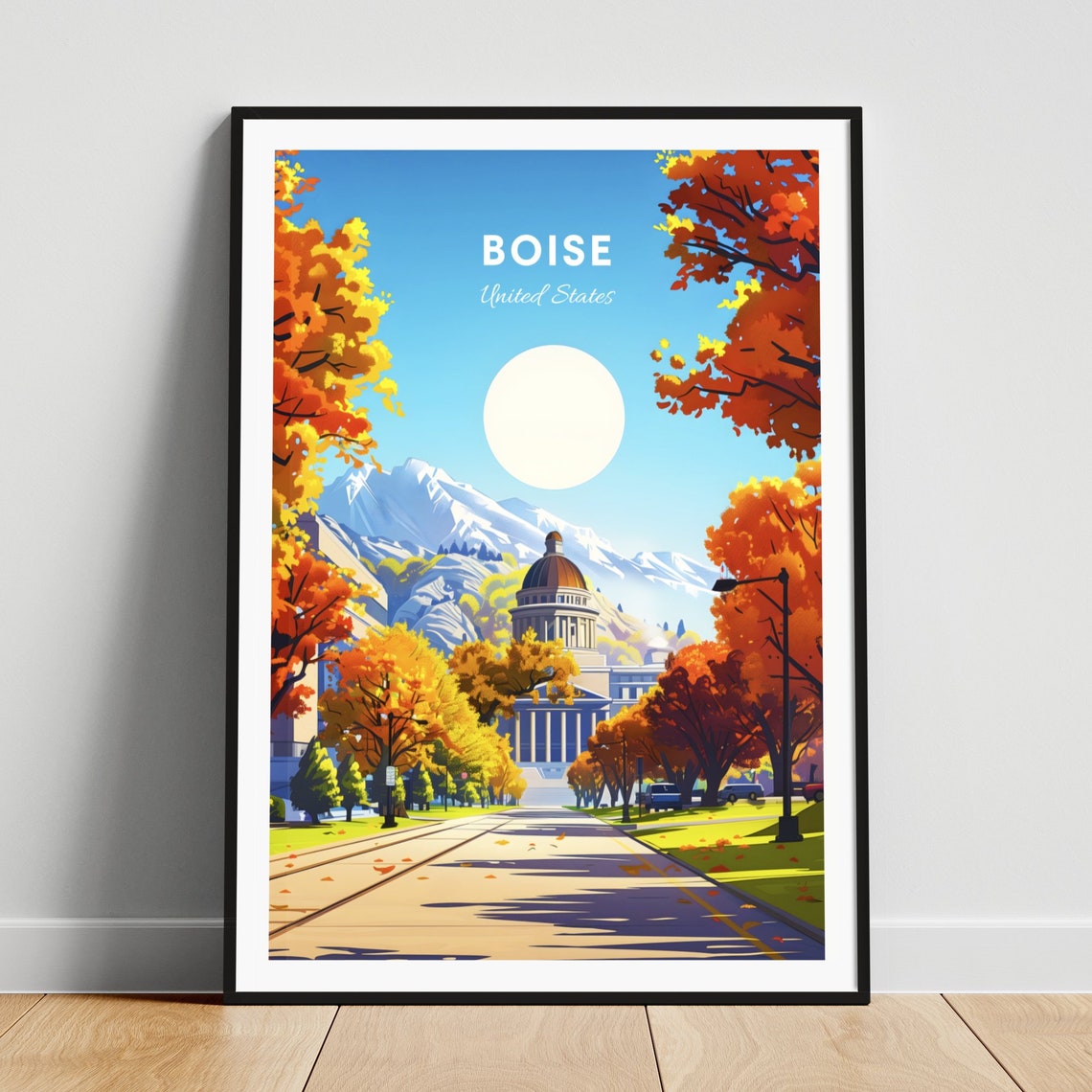 Boise Idaho Autumn Avenue Domed Landmark Mountains Travel Poster