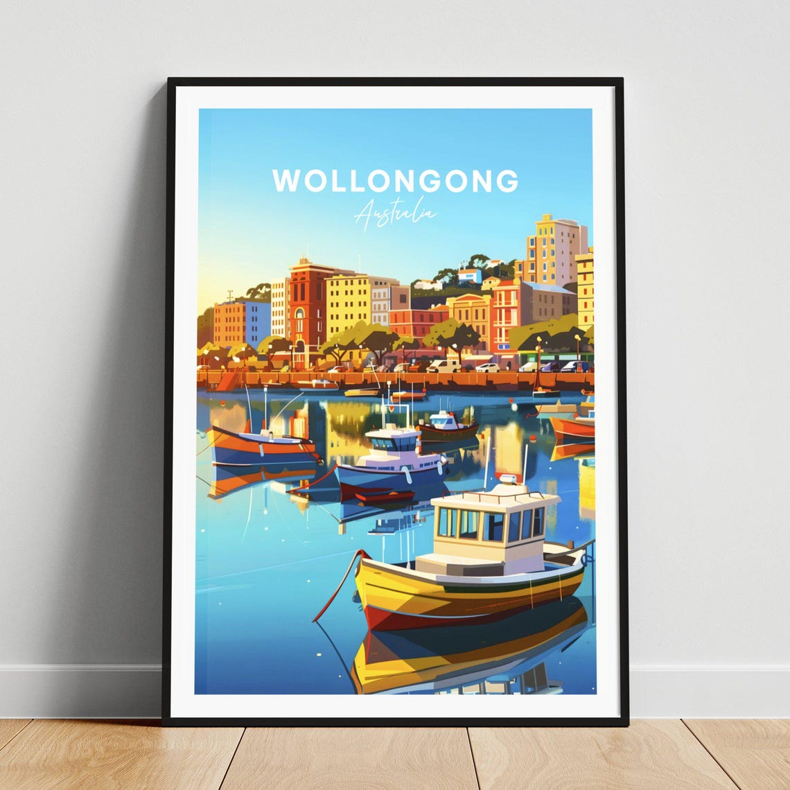 Wollongong Australia Colorful Harbor Boats Waterfront Scene Poster