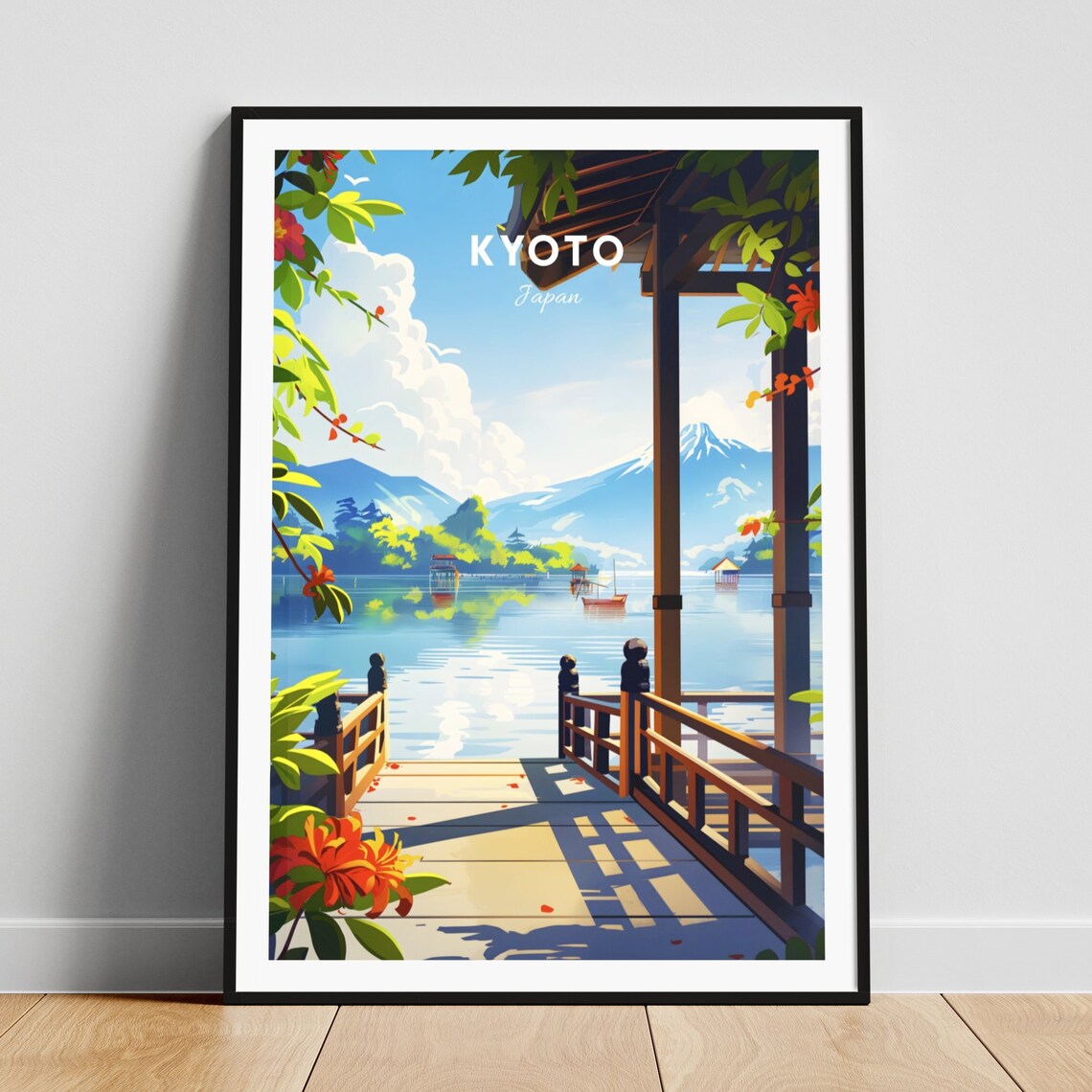 Kyoto Japan Lakeside Wooden Veranda Garden Vintage Travel Art Poster