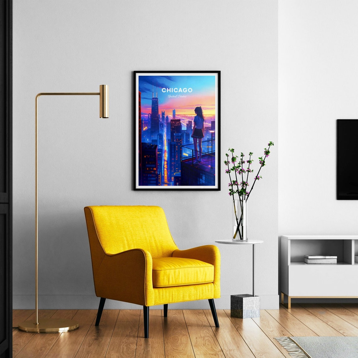 Chicago Illinois Rooftop View Sunset Skyline Anime Style Travel Poster - Image 3