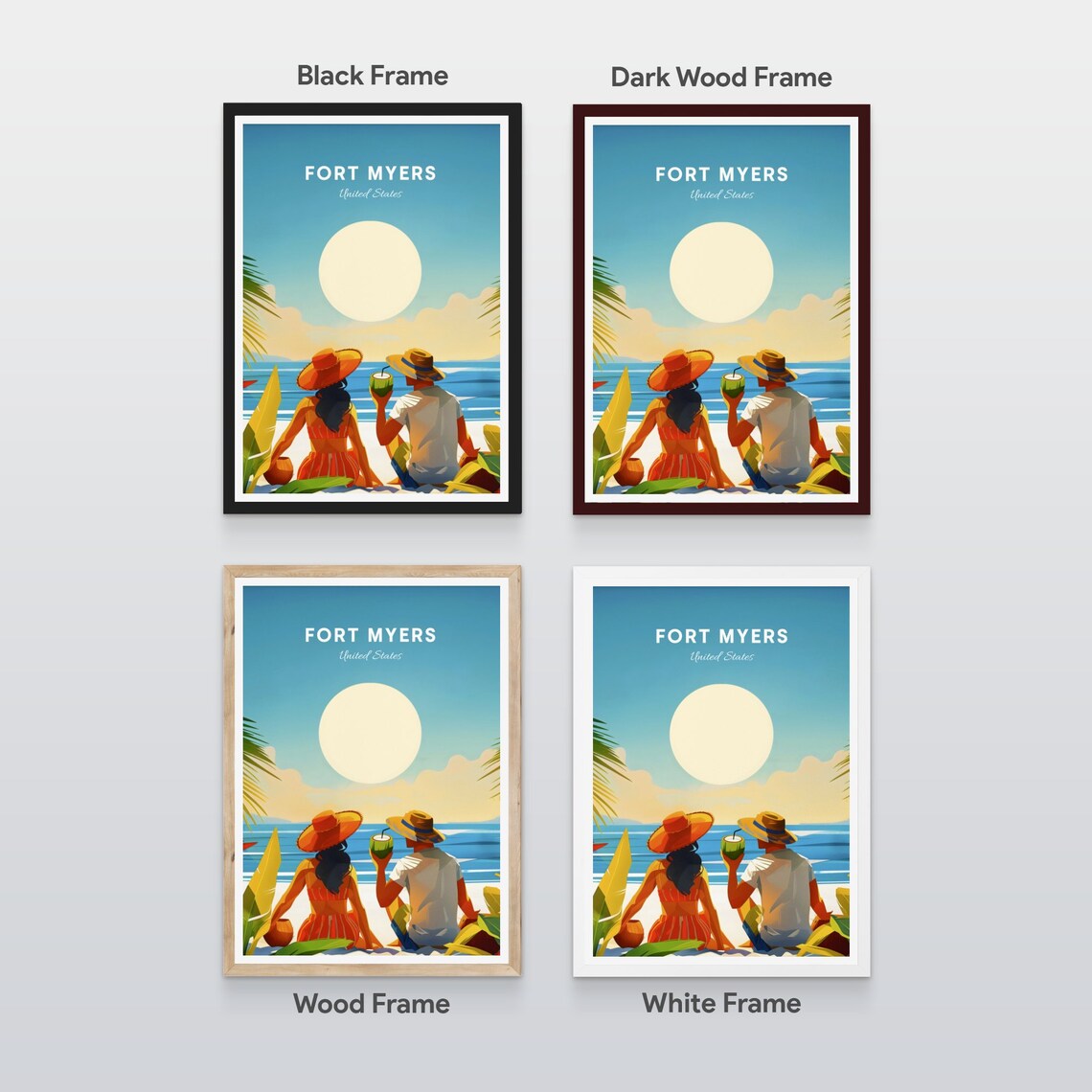 Fort Myers Florida Beach Couple Coconut Drink Travel Art Poster - Image 2