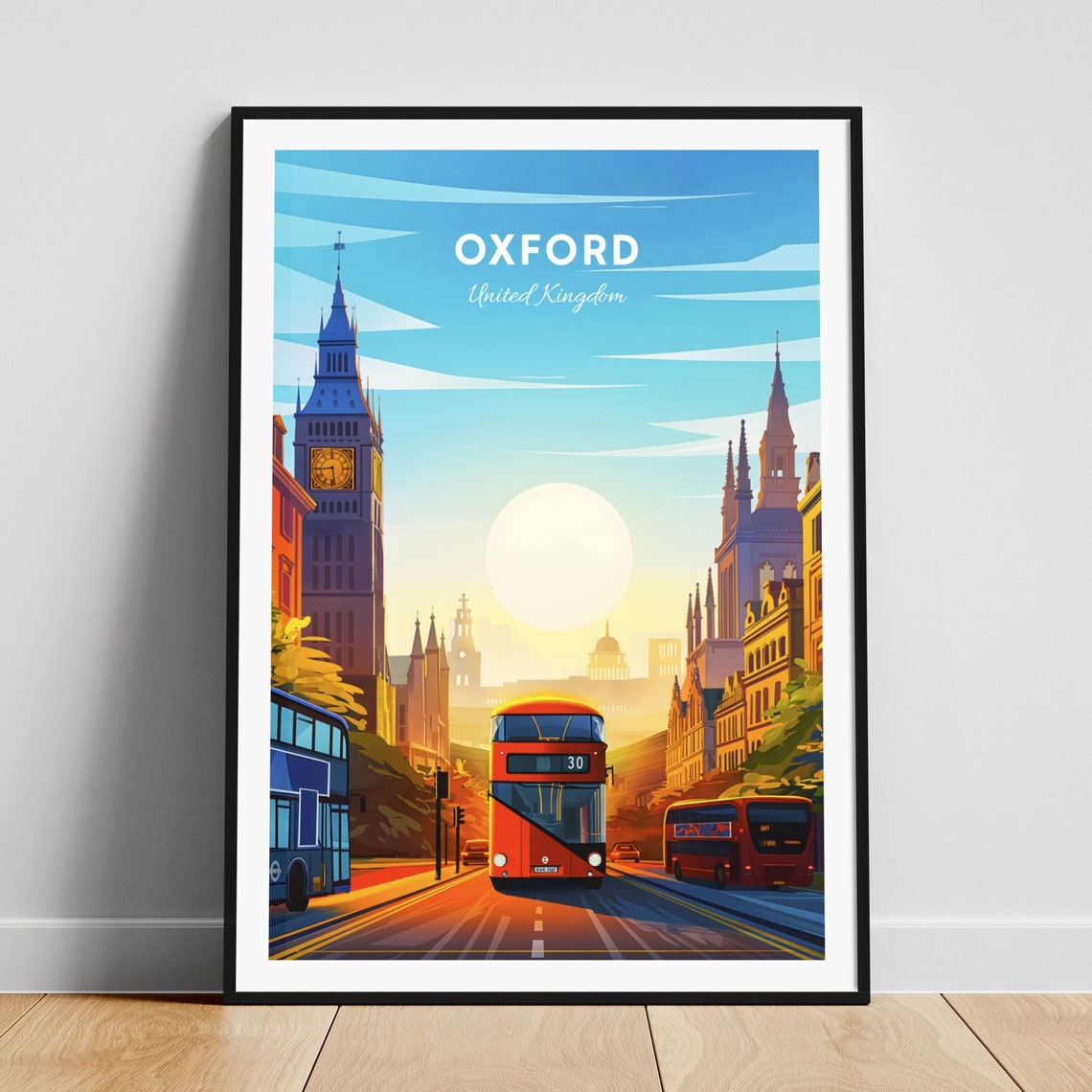 Oxford Clock Tower Red Double Decker Buses Sunset Street Poster