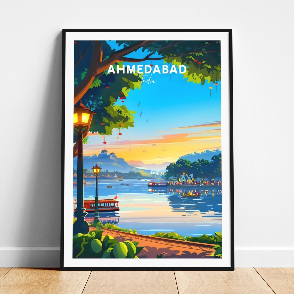 Ahmedabad India Riverfront Sunset Boats Promenade Travel Poster