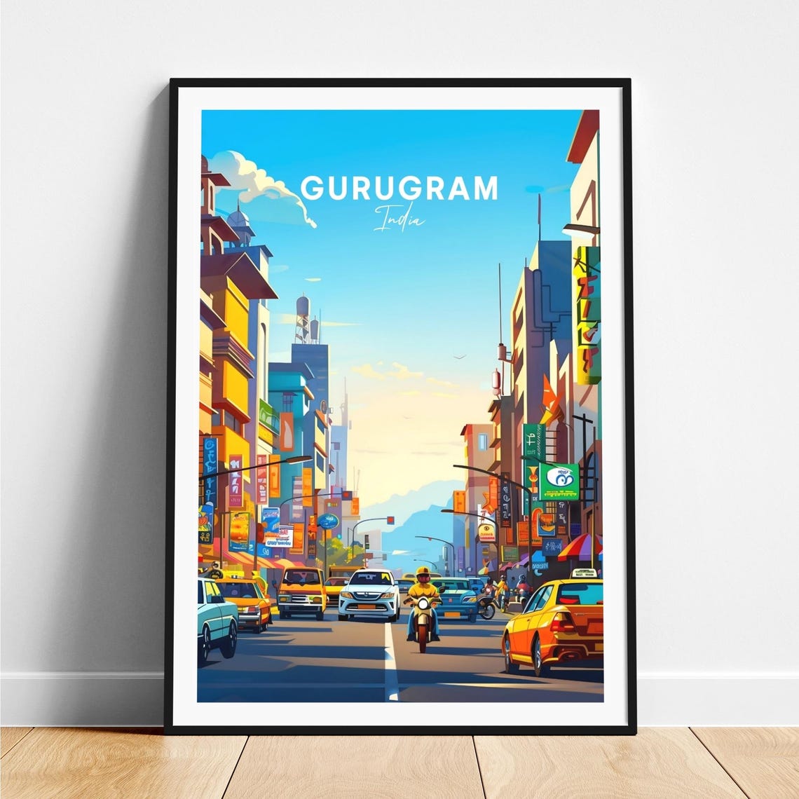 Gurugram India Lively Downtown Street Traffic Scene Travel Poster