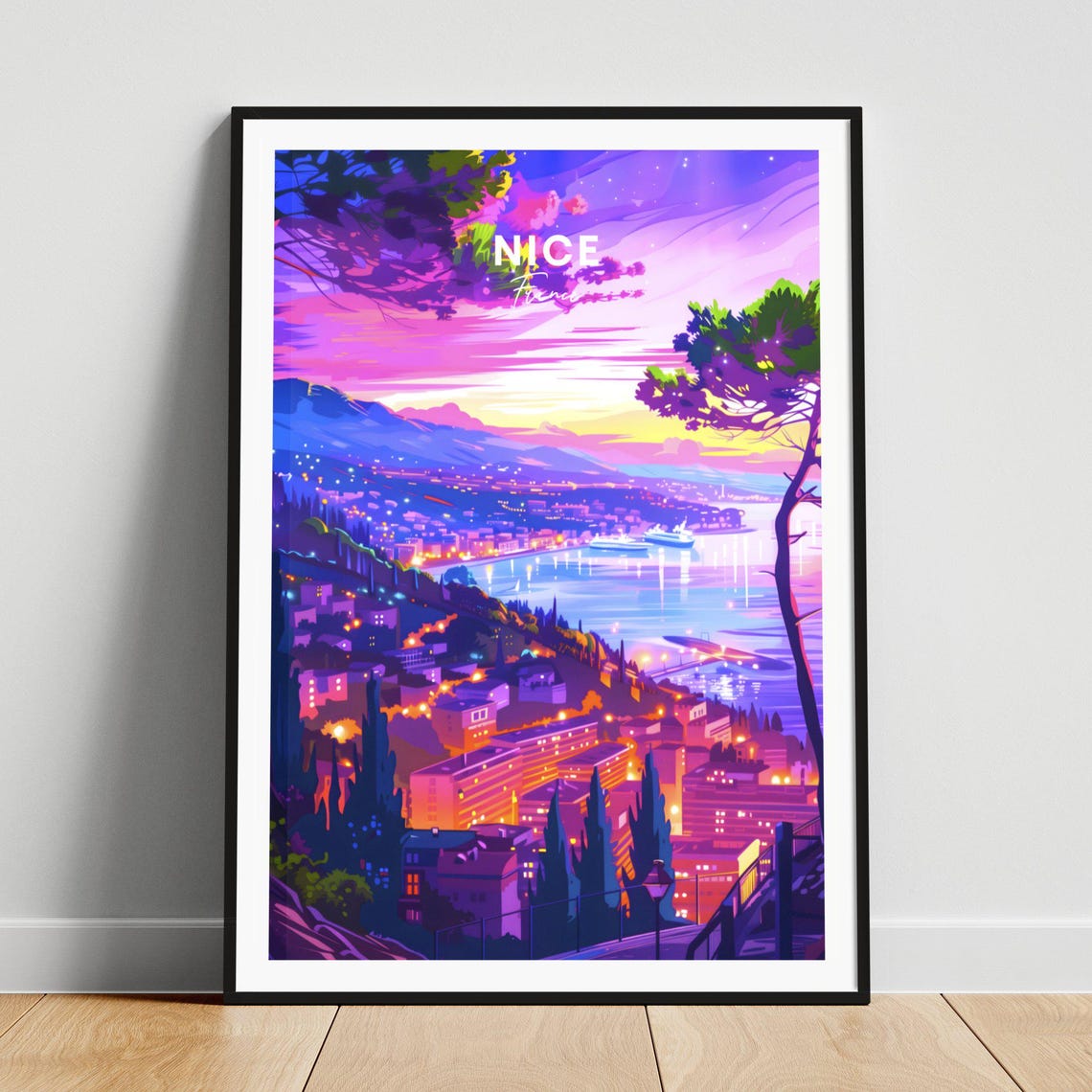 Nice France Dusk Harbor Glow Pink Sunset Sky Night Travel Poster