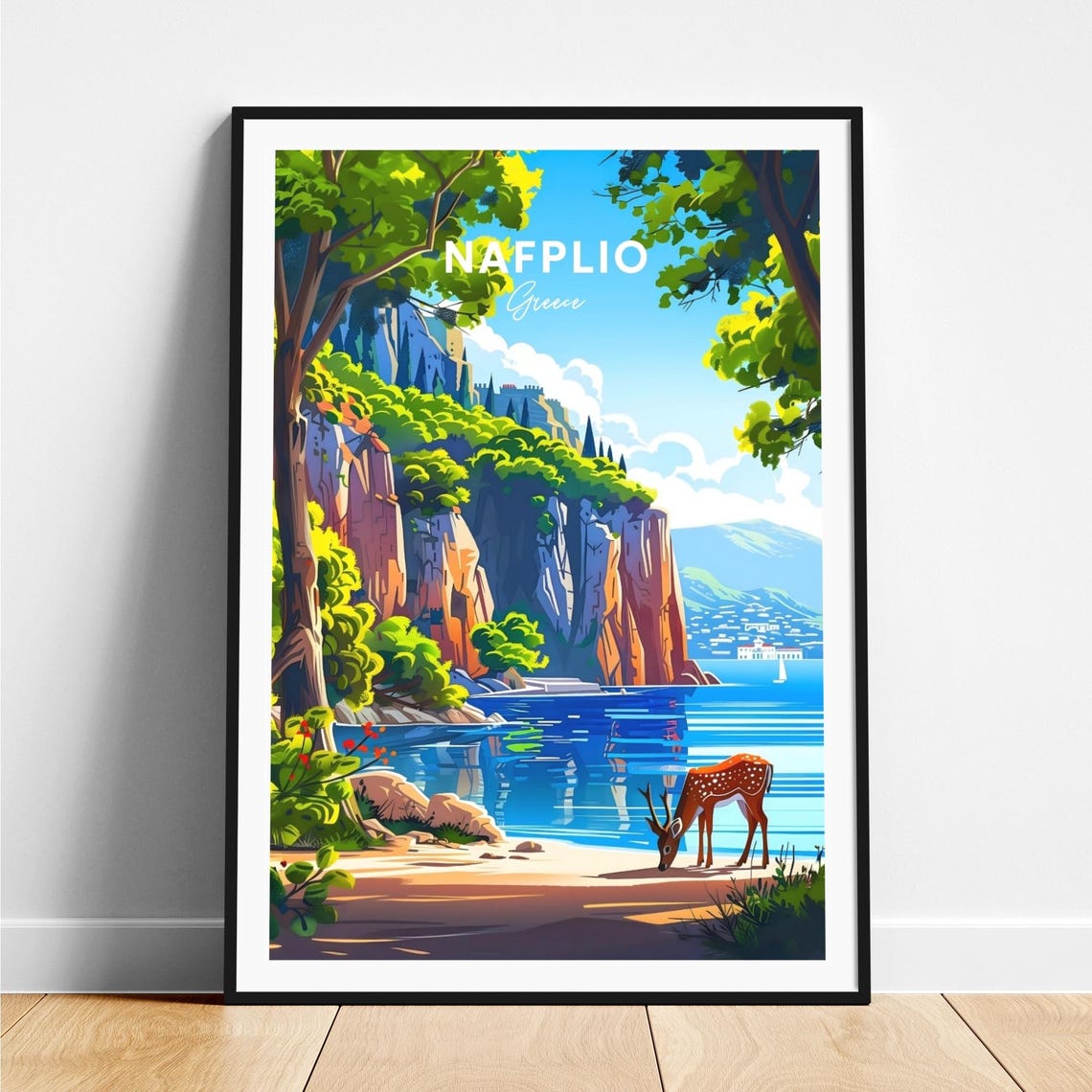 Nafplio Greece Deer Shoreline Cliff Fortress Harbor View Travel Poster