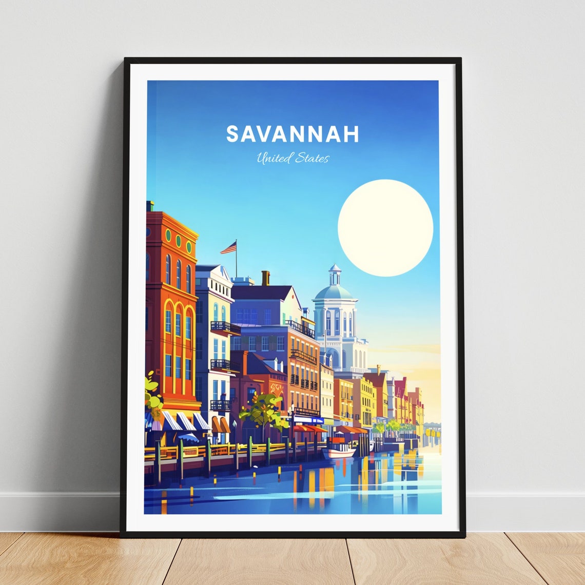 Savannah United States Historic Riverfront Sunset Travel Poster