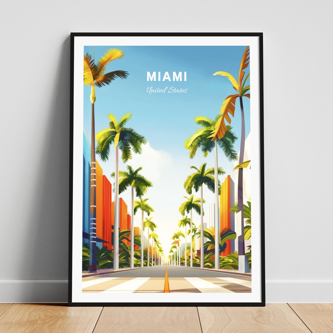 Miami Florida Palm Avenue Crosswalk Sunny Day Downtown Travel Poster