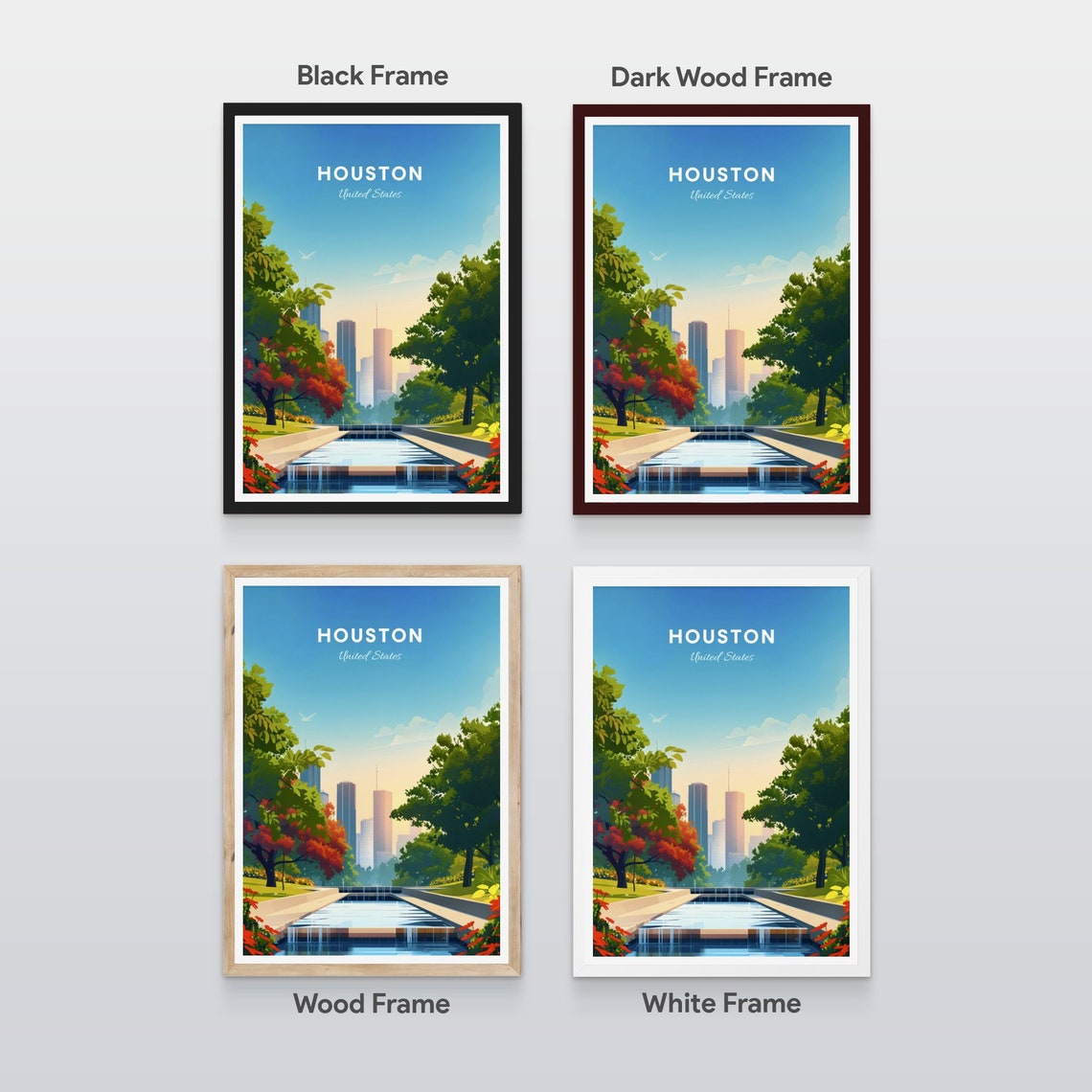 Houston Park Waterfall Garden with Downtown Skyline View Poster - Image 2