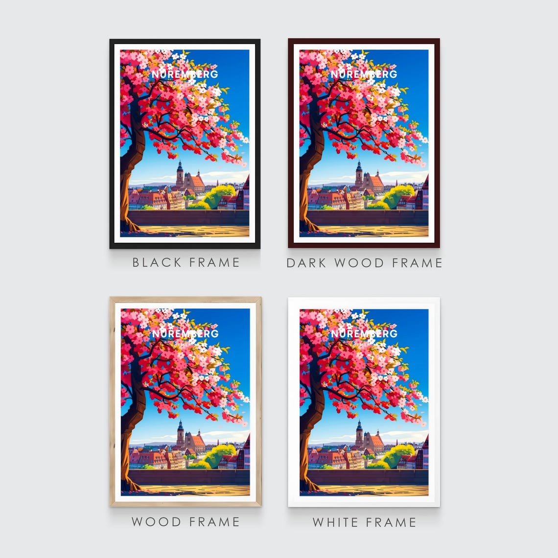 Nuremberg Germany Cherry Blossom Tree Old Town View Art Poster - Image 3