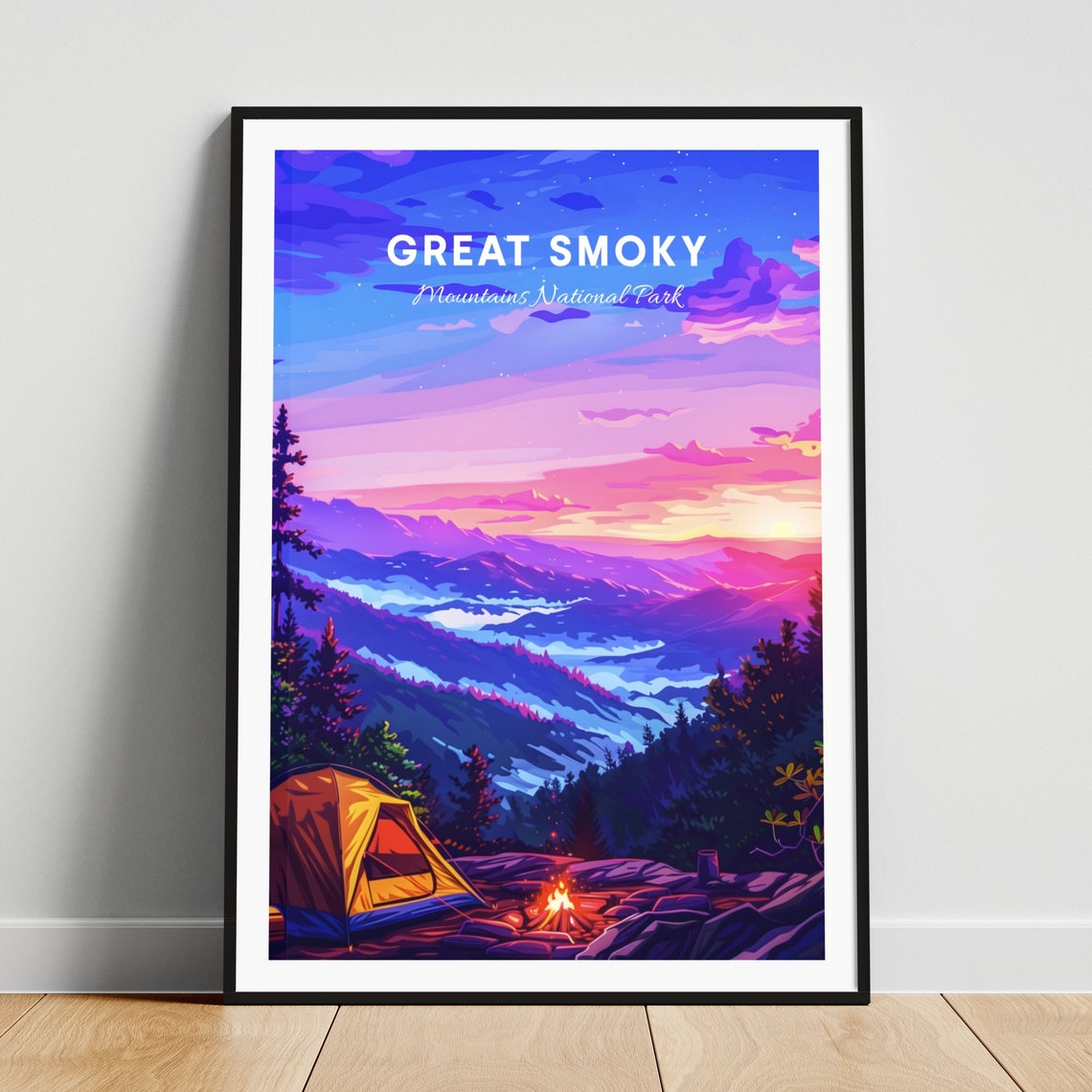 Great Smoky Mountains Tent Campsite Sunset Campfire Travel Poster