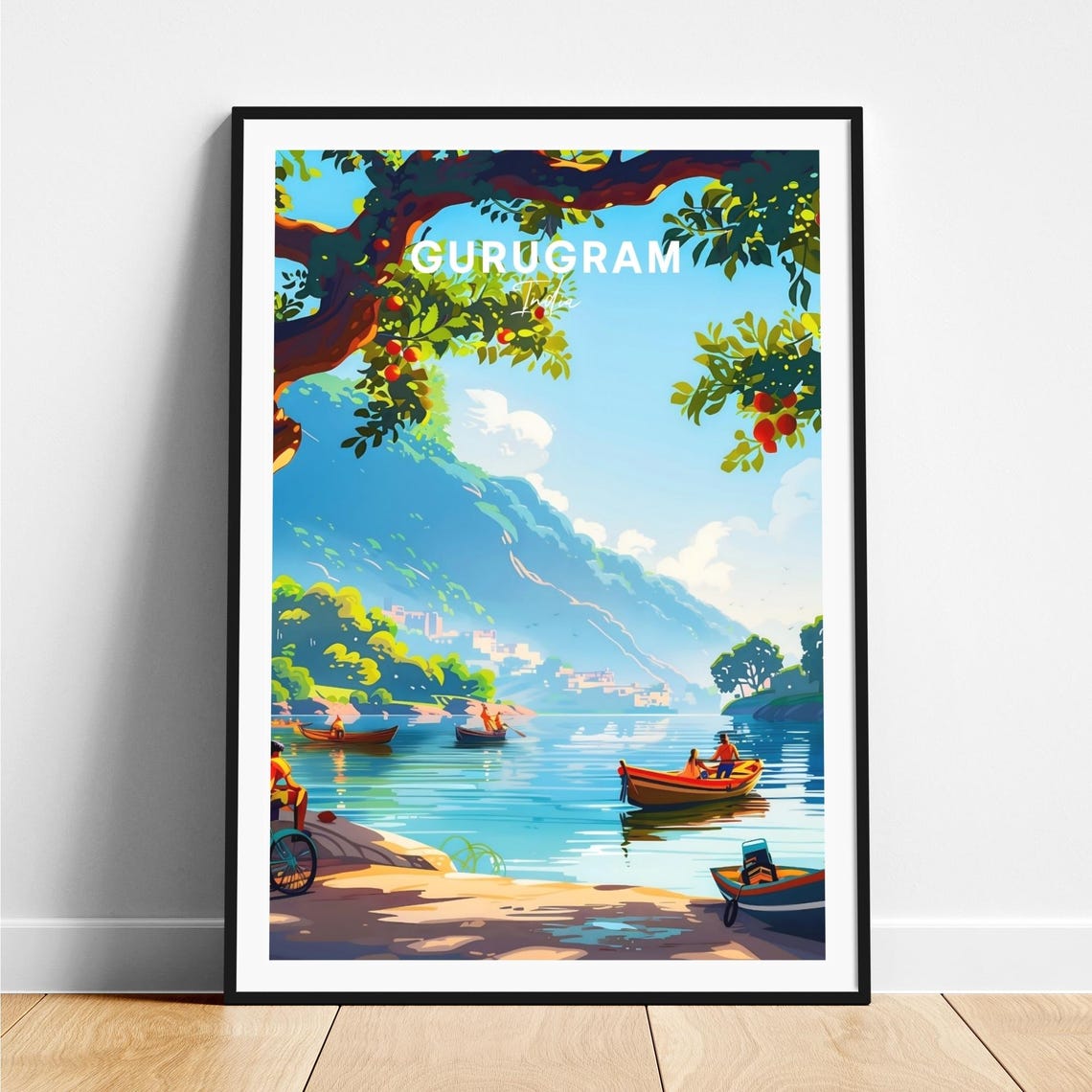 Gurugram India Serene Mountain Lake Boats Orchard View Travel Poster