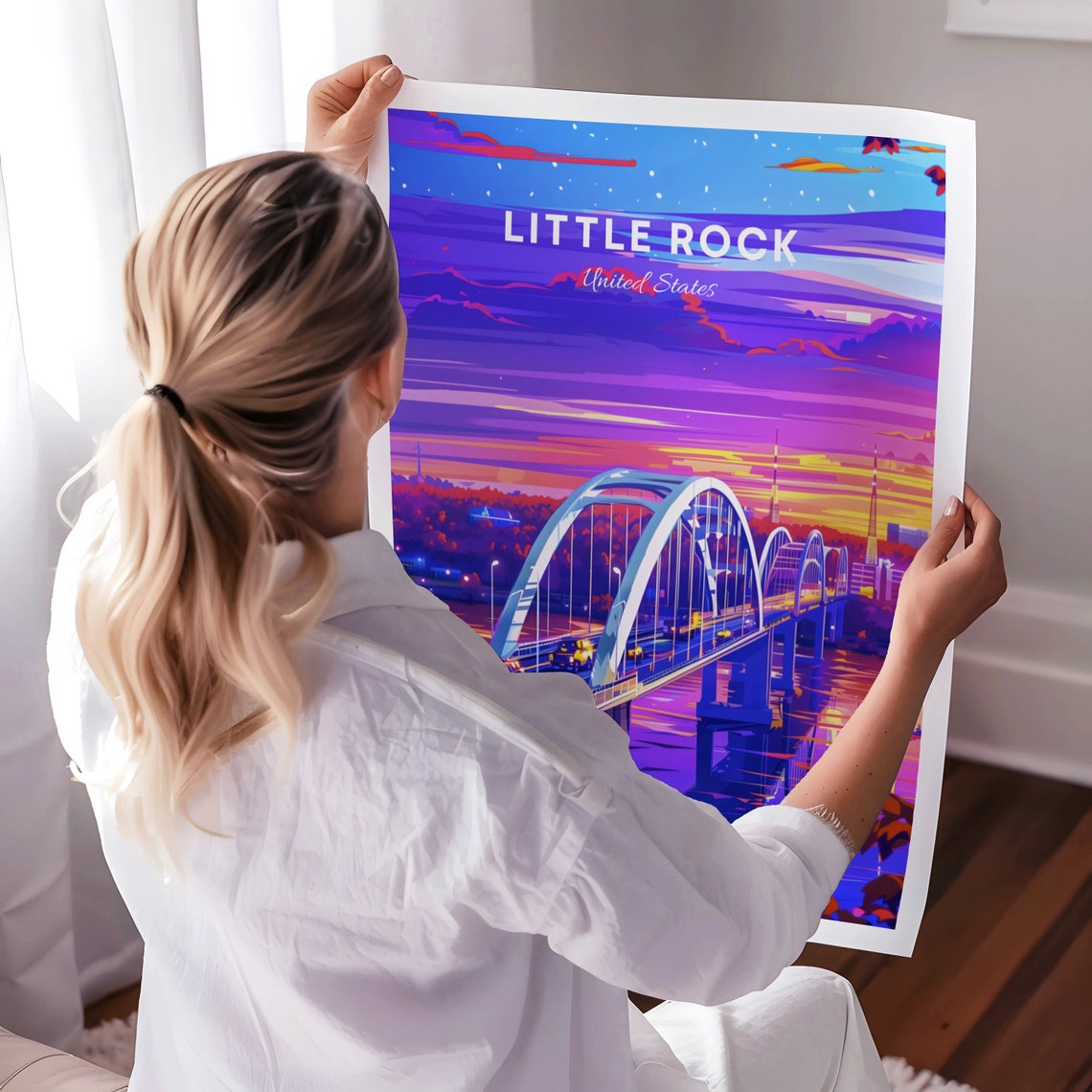 Little Rock Arkansas Neon Sunset Arch Bridge River Travel Poster - Image 3